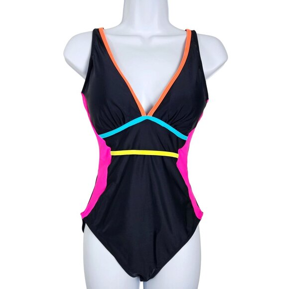 Womens Med Size V-Neck One-Piece Swimsuit Black Tie Back Beach Vacation Sexy - Picture 2 of 8